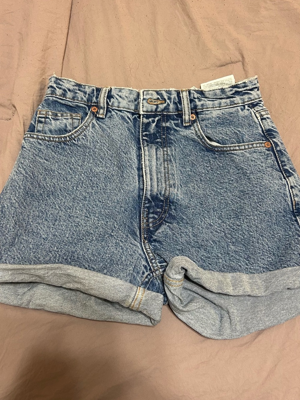 Zara Rolled Hem Mid-Blue Denim Shorts